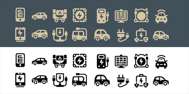 vector Iconen voor elektrische voertuigen met oplaadstation en accu
