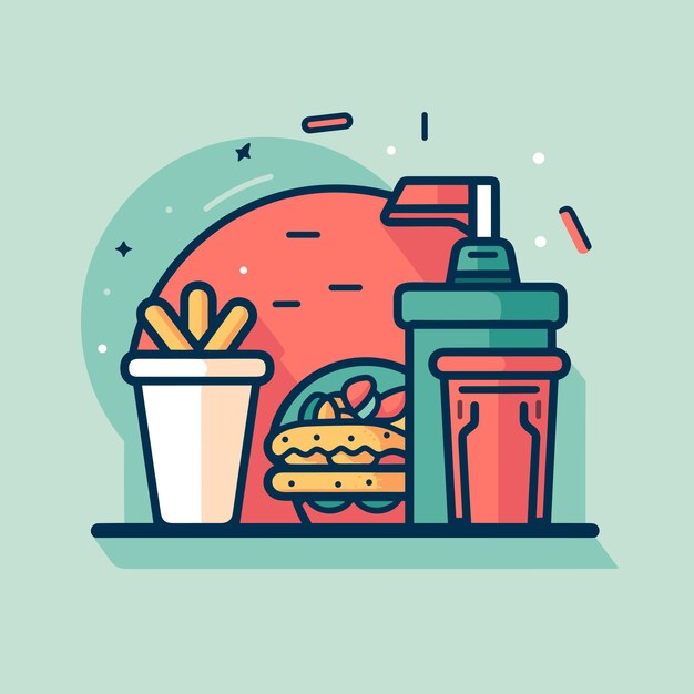 Vettore di un iconico pasto fast food con un hamburger e uno shaker