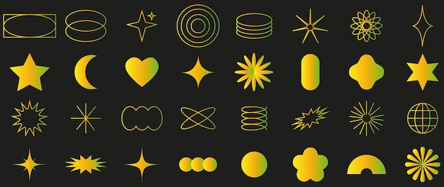 vector icons on a black background collection of abstract geometric symbols in yellow green gradient y2k style elements for the design of notes posters stickers logos business cardsx9xa