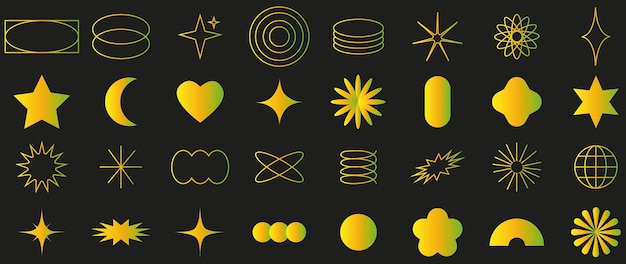 Vector icons on a black background collection of abstract geometric symbols in yellow green gradient y2k style elements for the design of notes posters stickers logos business cardsx9xa