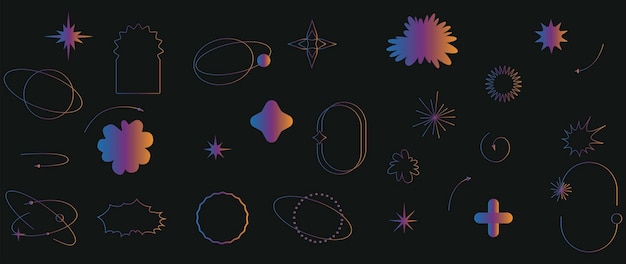 Vector vector icons on a black background a collection of abstract shapes in a bright gradient y2k style