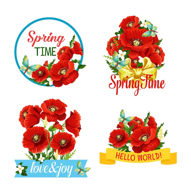 Vector icons of flowers and spring time quotes