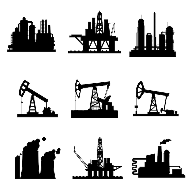 Vector icons of oil derricks and gas mining plants