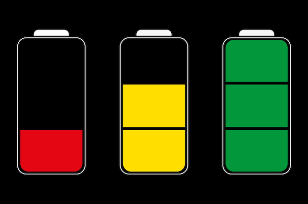 Icone vettoriali di tre batterie con livelli di carica