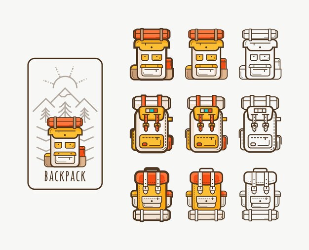 Vector vector icons with backpacks for hiking