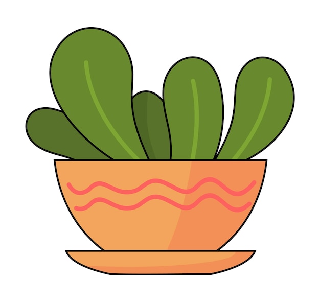Vector icoon van kamerplant met groene bladeren sappig in keramische pot met gebogen lijnen plaat