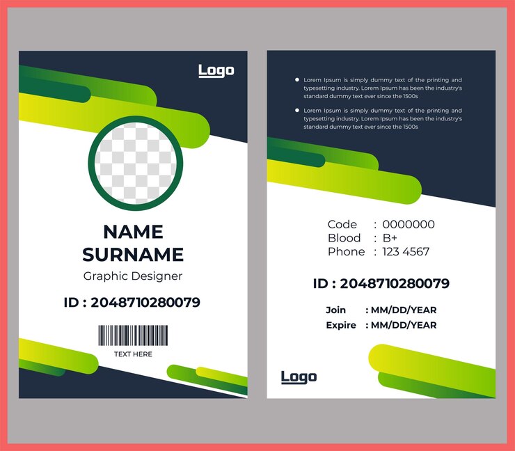 Vector id card template with clasp and lanyard Blue and white color mock up set Modern colorful ic