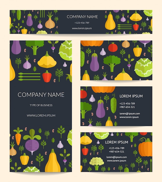 Vector identity business card, brochure and banner templates set with flat vegetables.