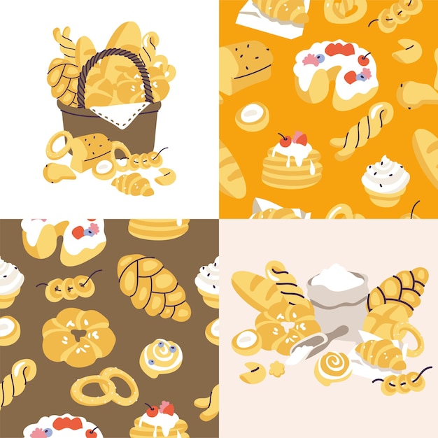 Vector illustartion basket full of bakery food isolated on white background assortment of different ...