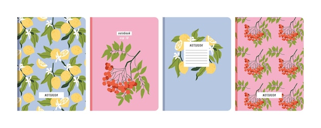 Vector vector illustartion templates cover pages for notebooks planners brochures books catalogs fruits wallpapers with with lemon and rownberry