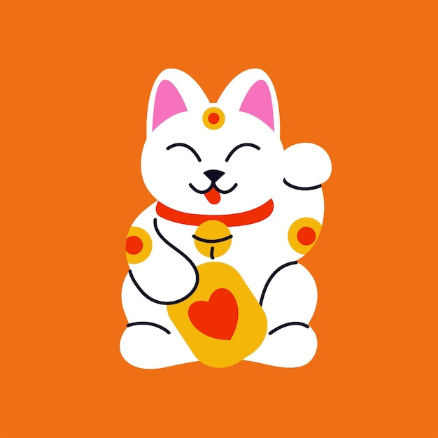 Illustrazione vettoriale del gatto fortunato con cuore rosso gatto fortunato giapponese tradizionale maneki neko