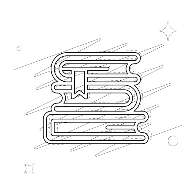 Vector illustrated outlined icon for 3 books with scribbles and stars