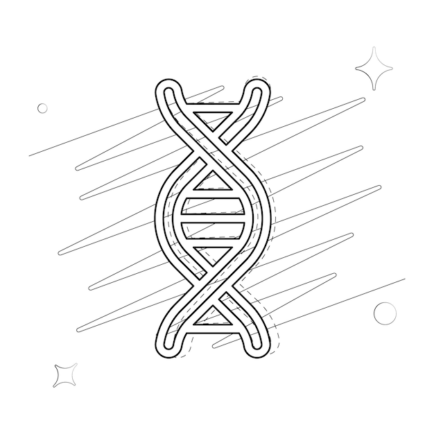 Vector illustrated outlined icon for DNA with scribbles and stars