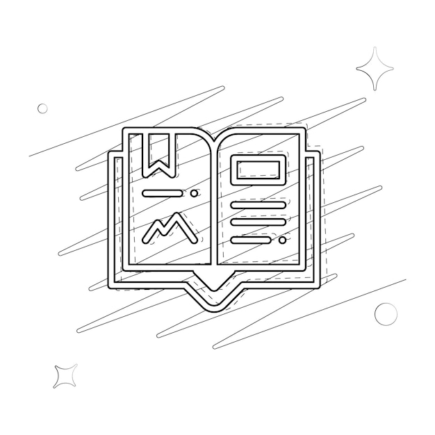 Vector illustrated outlined icon for open book with scribbles and stars