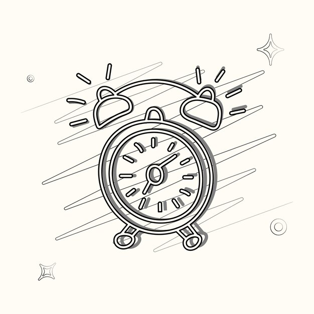 Vector vector illustrated outlined icon for ringing alarm with scribbles and stars