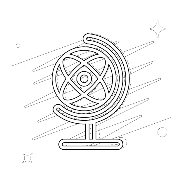Vector illustrated outlined icon for rotating globe with scribbles and stars
