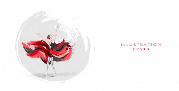Vector illustratie. ballerina. een jonge, sierlijke balletjurk, gekleed in een professionele outfit, schoenen en een rode gewichtloze rok, toont dansvaardigheid. de schoonheid van klassiek ballet.