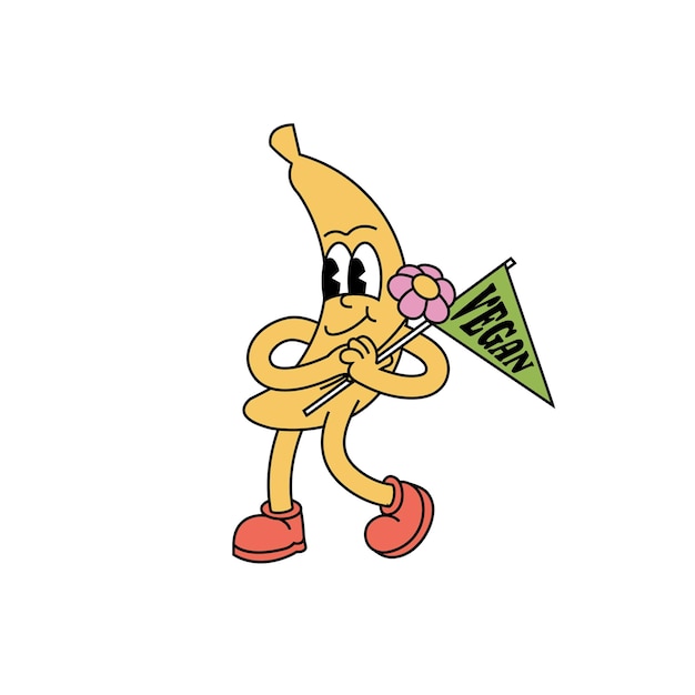 Vector illustratie banaan fruit karakter met blij gezicht in retro stijl Groovy sticker met banaan en typografie zin veganistisch om af te drukken