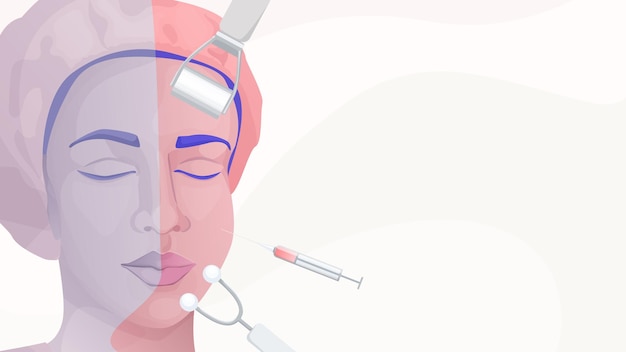 Vector vector illustratie banner concept van cosmetische procedures injecties en plastische chirurgie closeup vrouw gezicht massage tools en spuit en plaats voor tekst