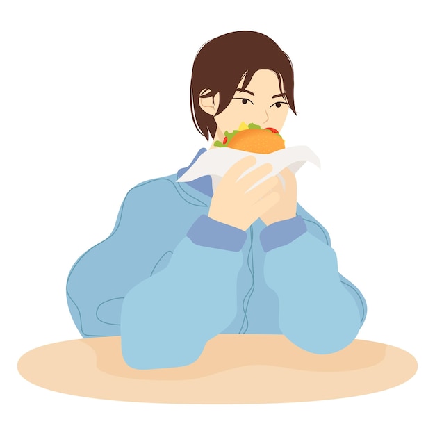 Vector illustratie bevat persoon die graag voedsel eet in flat en doodle stijl op witte achtergrond