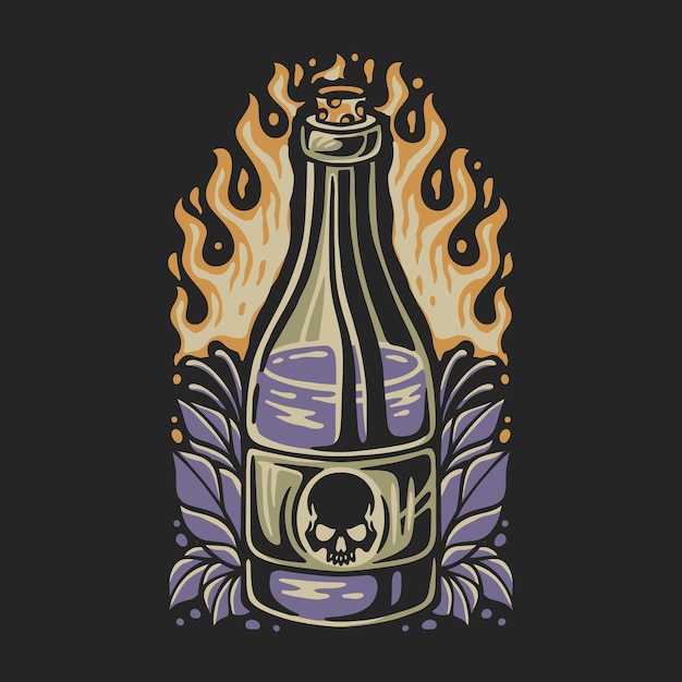 Vector vector illustratie bierdrank met een schedel-logo en wat bloemen eromheen op een brandachtergrond voor t-shirtontwerp