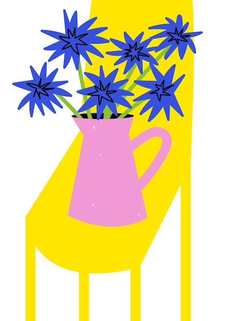 Vector vector illustratie botanische poster met verschillende violette bloemen op de gele stoel kunst voor voor postkaarten muurkunst banner achtergrond moderne naïeve groovy funky interieur decoraties