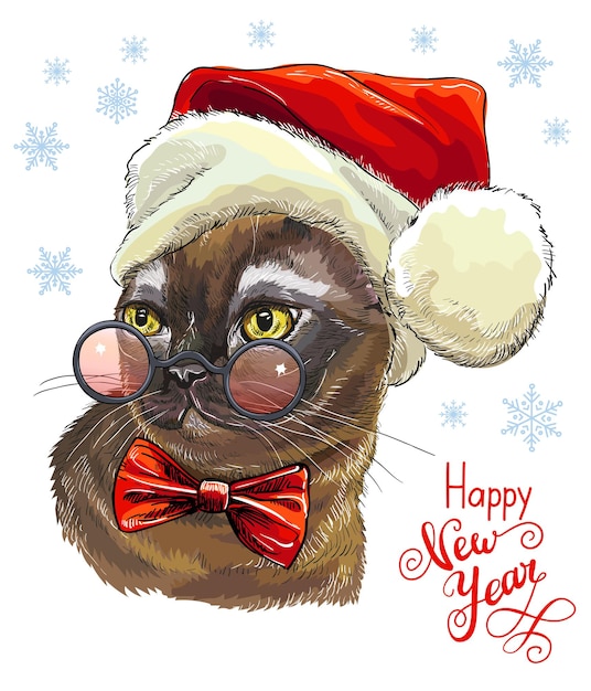 Vector illustratie bruine kat in kerstmuts en bril