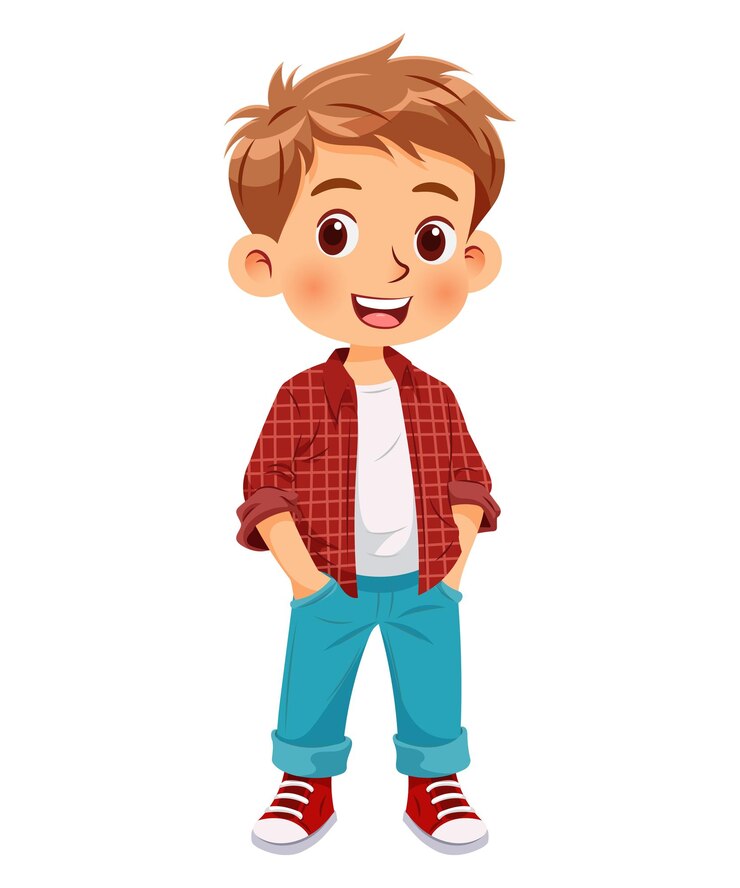 Vector vector illustratie cartoon van een schattige jongen die staat en glimlacht in casual kleding