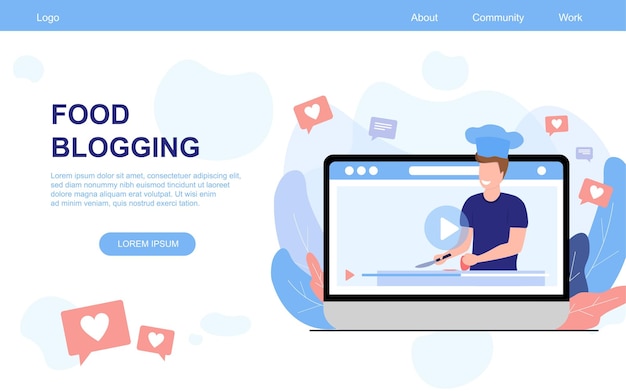 Vector illustratie concept van food blogging man kok blogger bereiden eten op internet stream online