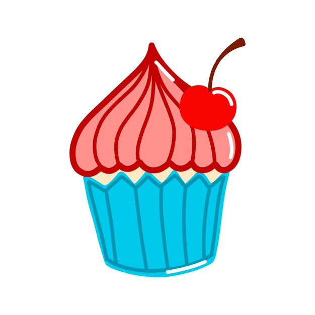 Vector illustratie cupcake met kersen en room in doodle stijl 80s stijl Valentijnsdag