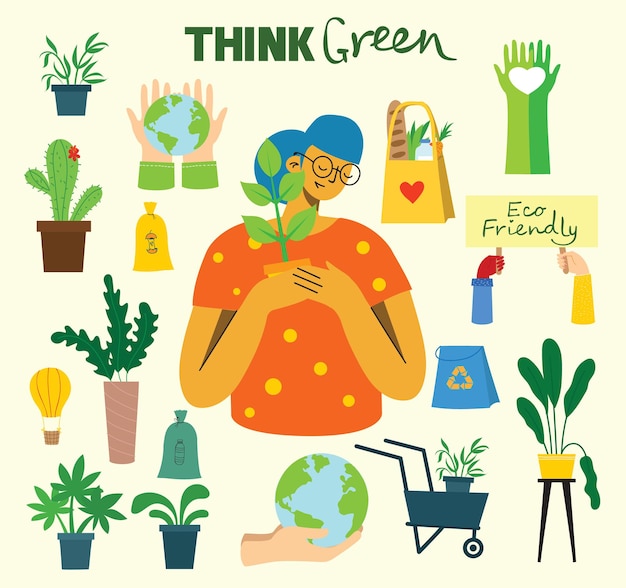 Vector illustratie eco achtergronden van concept van groene eco-energie en citaat save the planet denk g...