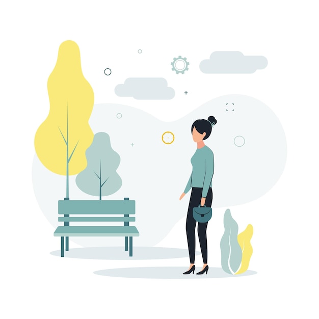 Vector illustratie een vrouw met een handtas in haar handen staat in de buurt van een bankje in het park op een achtergrond van bomen struiken wolken