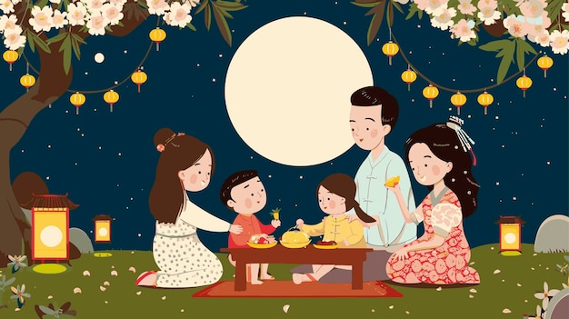 Vector illustratie familie bijeenkomst diner met volle maan