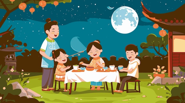 Vector illustratie familie bijeenkomst diner met volle maan