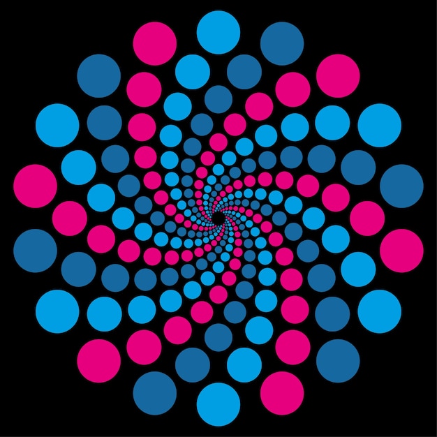 Vector illustratie fibonacci gestippelde spiraal Swirl stippen op een zwarte achtergrond