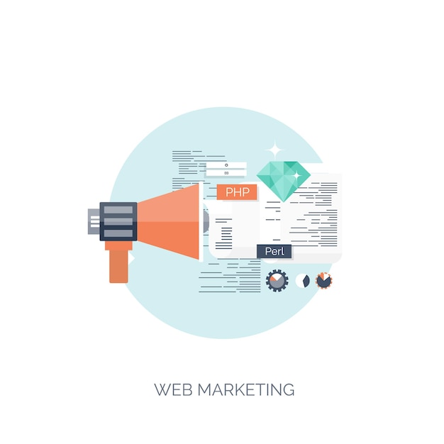 Vector illustratie flat computing achtergrond programmering codering webontwikkeling en zoek seo