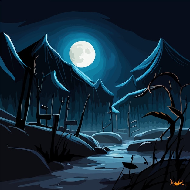 Vector vector illustratie halloween pompoen griezelige nacht achtergrond met volle maan wolken vleermuizen kale bomen