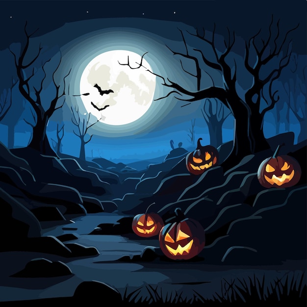 Vector vector illustratie halloween pompoen griezelige nacht achtergrond met volle maan wolken vleermuizen kale bomen