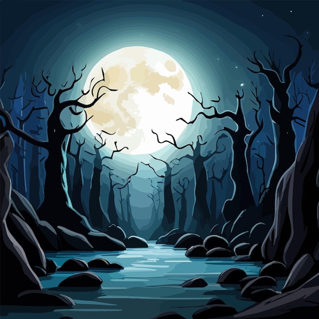 Vector illustratie halloween pompoen griezelige nacht achtergrond met volle maan wolken vleermuizen kale bomen