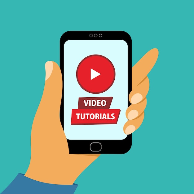 Vector illustratie hand met smartphone met video tutorials scherm