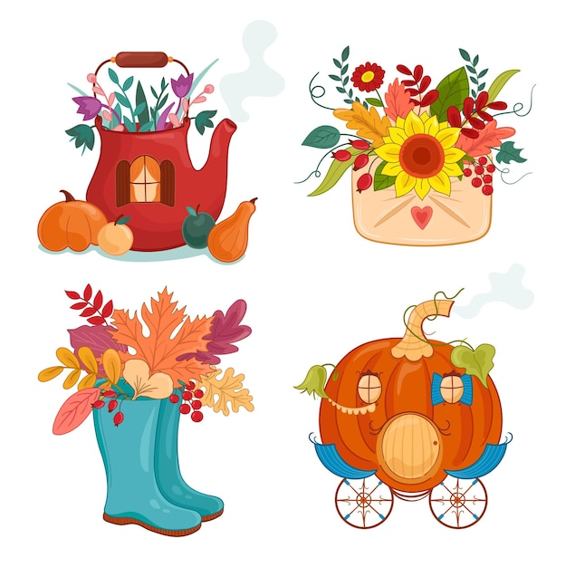 Vector illustratie herfst set met laarzen, strijdwagen, waterkoker, pompoen, zonnebloem, coach, groenten