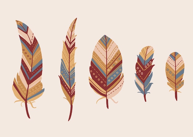 Vector illustratie. icon set van boho tribal abstracte veren in neutrale tinten op witte achtergrond. geweldig voor uw ontwerp.