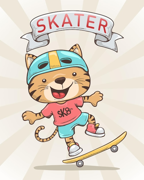 Vector illustratie in de hand getekend concept cartoon grappige kat in skater kostuum skateboard spelen