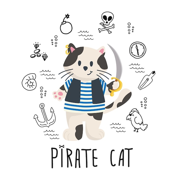 Vector illustratie karakter kat met doodle piraten bundel elementen en Pirate cat belettering