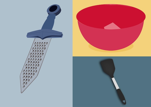 Vector illustratie keuken set zoals rode schaal metaal keuken handgrater en slotted turner