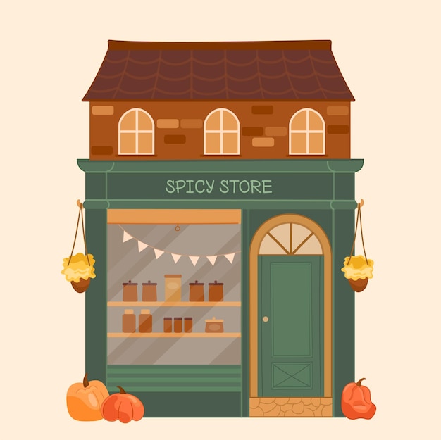 Vector vector illustratie kraam tellers winkel met spice windows winkel.