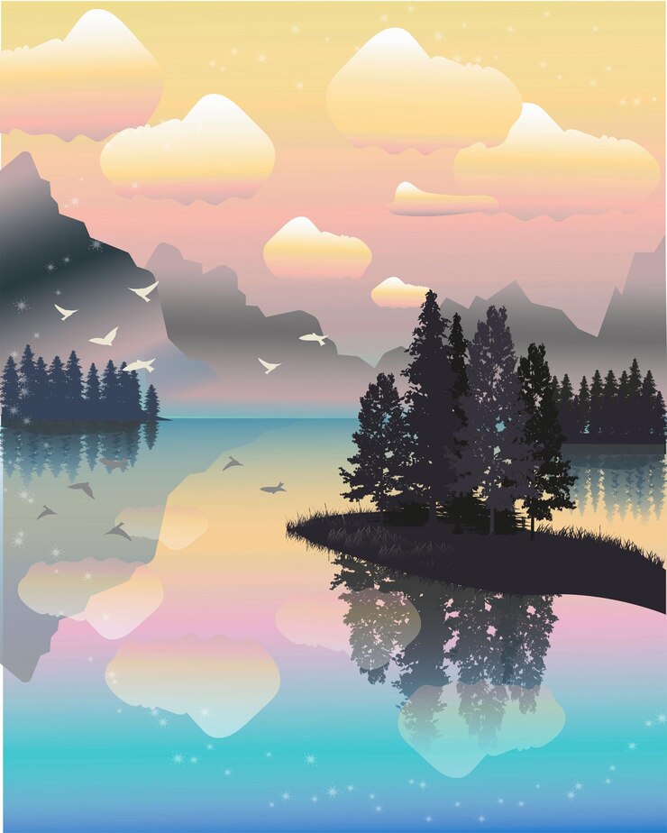 vector illustratie landschap met meer en bos poster