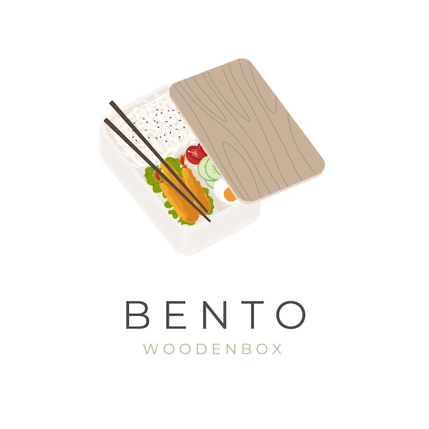 Vector Illustratie Logo Traditionele Japanse Houten Bento Lunchbox Klaar Om Te Eten Met Eetstokjes