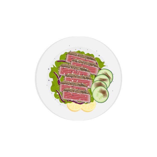 Vector vector illustratie logo van tonijn tataki ahi tonijn of tonijnvlees bedekt met sesam en verse groenten