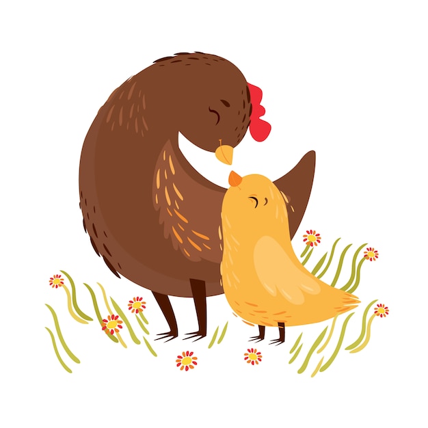 Vector vector illustratie mama kip en baby kip. wenskaart, moederdag